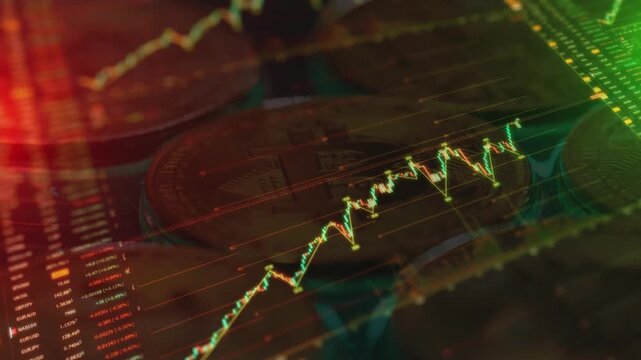 Macro clip of Bitcoin coins with glowing orange and green candlestick trading charts. Concept of cryptocurrency trading volatility.