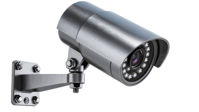 Brushed metal surveillance camera with infrared LEDs, mounted on adjustable bracket isolated on transparent background