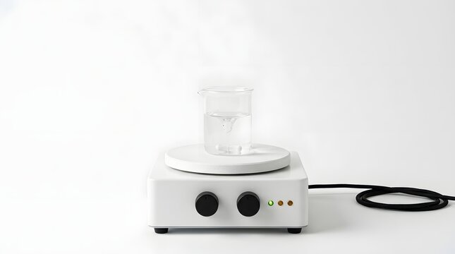 Laboratory magnetic stirrer with glass beaker on white surface