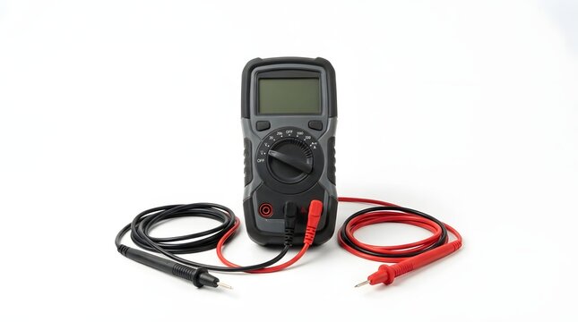 Digital multimeter with red and black probes on white background