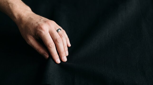 Close up of a man's hand with a ring on his finger resting on black fabric