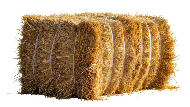Rectangular golden hay bale bound with white twine, isolated on transparent background