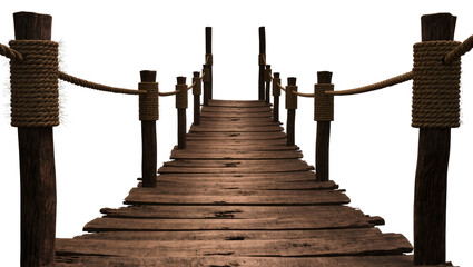 Weathered wooden pier with thick rope railings, isolated on transparent background © Veaceslav