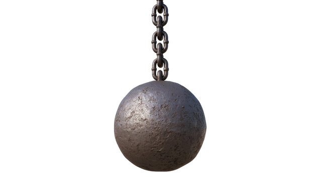 Heavy metal wrecking ball with thick chain, isolated on transparent background