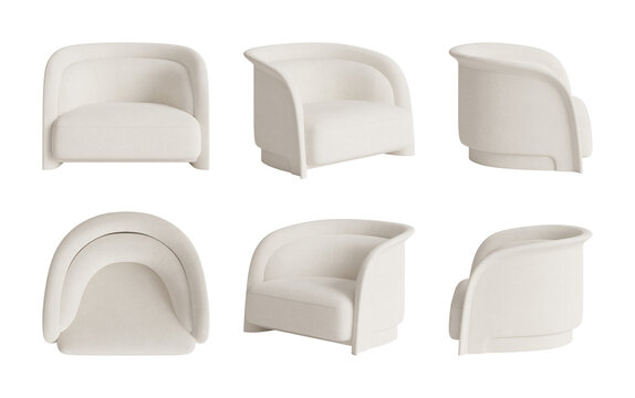 Isolated White Fabric Lounge Chair Pack &ndash; Multi-Angle Set with Orthographic Views (3D Rendering)
