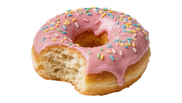 Pink frosted donut with colorful sprinkles bitten, isolated on transparent background