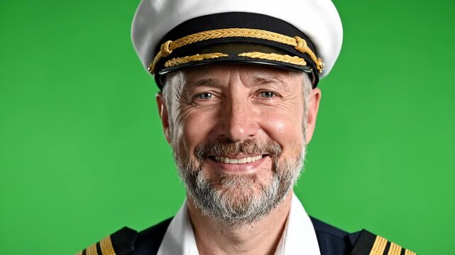Green Screen Smiling Man in Captain Hat Opening Eyes Looking at Camera