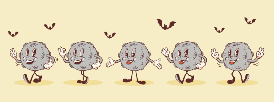 Halloween Groovy Moon Retro Characters Set. Cartoon Spooky Personage Collection. Vector Autumn Holiday Mascot Templates. Happy Vintage Cool Illustrations Isolated