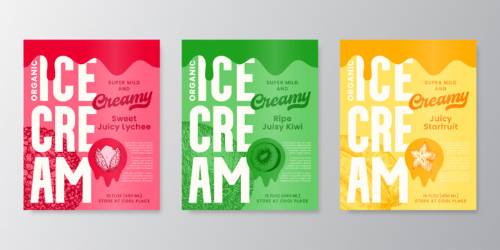 Ice Cream Vector Label Design Background Templates Set. Fruit Sundae Product Package Banner Concepts. Sweet Food Dessert Creative Colorful Card with Hand Drawn Lychee Kiwi Starfruit Melting Wave Drip