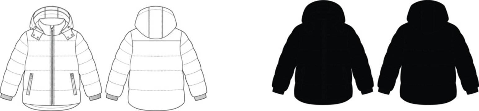 Technical flat sketch of a winter puffer jacket with front and back views for fashion design.