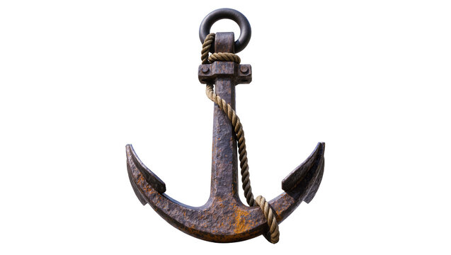 Rusty metal anchor with thick rope, isolated on transparent background
