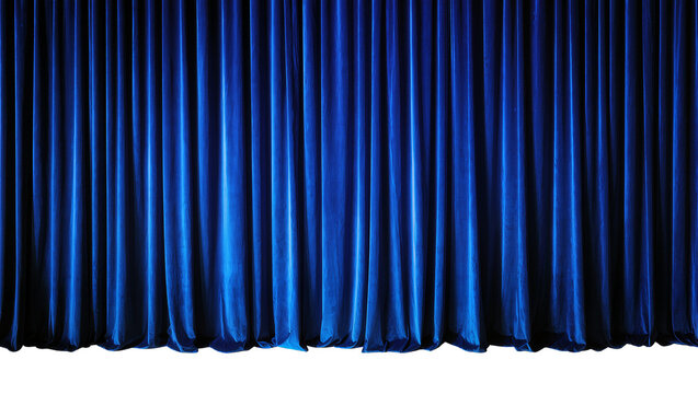 Deep blue velvet stage curtains richly textured and folded, isolated on transparent background