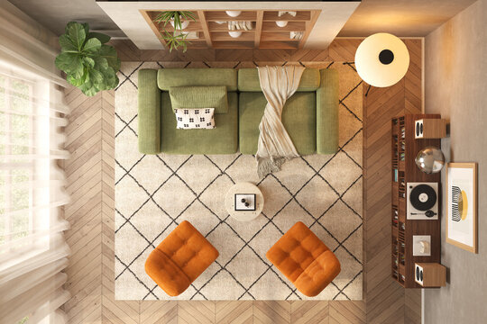 Mid century style conceptual dopamine interior room top view