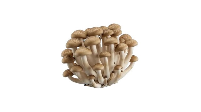 A cluster of fresh brown beech mushrooms, or buna shimeji, isolated on a clean white background. Excellent for Japanese culinary videos, healthy diet promos, gourmet food photography assets, and resta