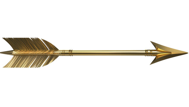 Golden arrow with feather fletching and sharp arrowhead, isolated on transparent background