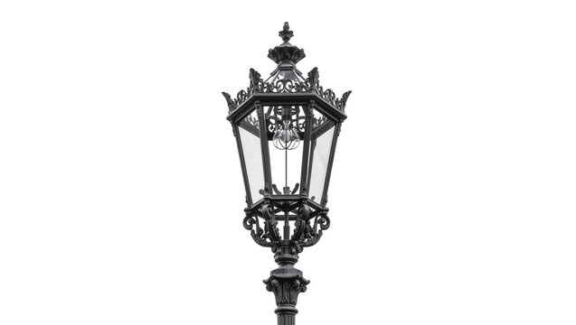 Ornate black Victorian street lamp with glass panels, isolated on transparent background