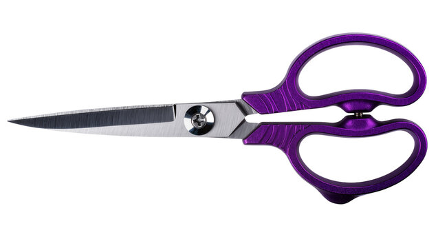 Purple handled metal scissors with sharp blades, isolated on transparent background