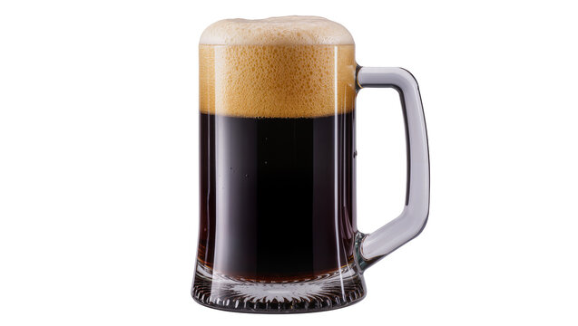 Dark stout beer in a glass mug with thick foam head, isolated on transparent background