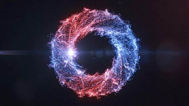Red and blue particles create a circle ring motion logo animation for branding and presentation uses in various digital settings