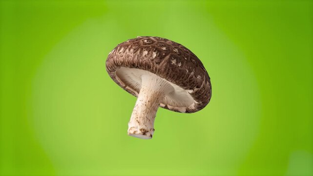 A detailed 3D render of a fresh raw shiitake mushroom with a brown textured cap and stem, isolated on a solid green chroma key background. Perfect for keyable cooking overlays, culinary videos, organi