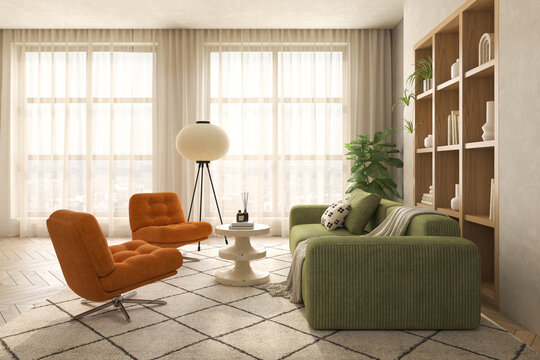 Mid century style conceptual dopamine interior room