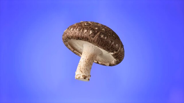 A realistic 3D model of a raw shiitake mushroom with detailed gills and textured cap, isolated against a bright blue studio backdrop. Ideal for nutrition commercials, recipe videos, supermarket advert