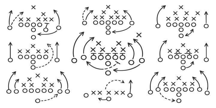 American football plays strategy diagram showing various team formation tactics with movement arrows and players