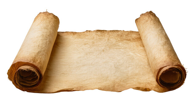Unfurled aged parchment scroll with rough edges, isolated on transparent background