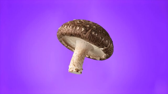 A detailed 3D model of a single fresh brown shiitake mushroom featuring a textured cap and stem, floating isolated on a vivid purple studio backdrop. Perfect for culinary videos, healthy food promos, 