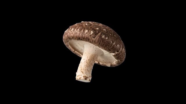 Single whole raw shiitake mushroom with detailed cap and stem floating isolated on a solid black background. Great for culinary videos, cooking shows, Asian ingredient promos, organic food commercials