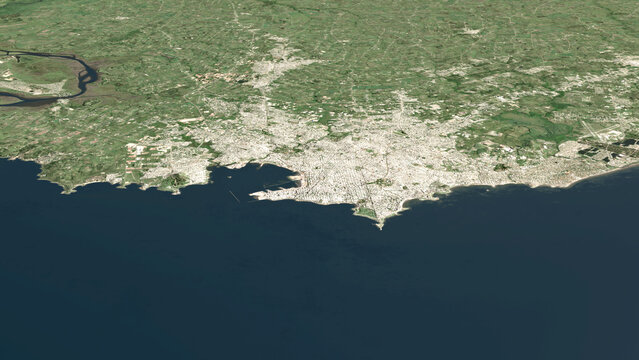 Oblique aerial 3D illustration of Montevideo, Uruguay