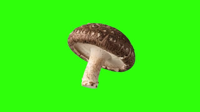 High-contrast 3D model of a fresh brown shiitake or portobello mushroom, isolated on a bright green screen chroma key background. Excellent for culinary cooking shows, asian cuisine video overlays, he