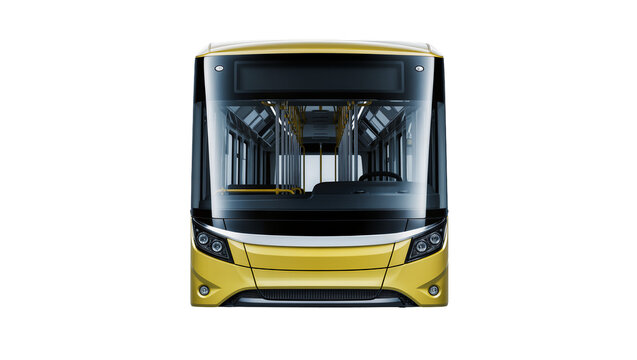 Modern yellow city bus with tinted windows, isolated on transparent background