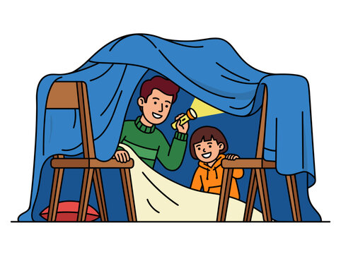 Father and child playing inside a cozy blanket fort with flashlight representing family bonding imagination indoor fun and parenting concept vector illustration isolated on white background