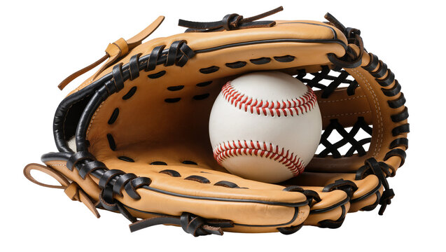 Tan leather baseball glove cradling white ball with red stitching, isolated on transparent background