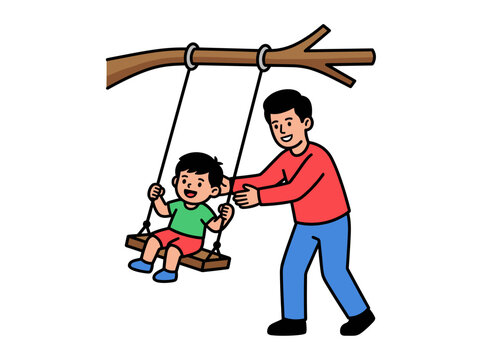 Father pushing his young son on a tree swing representing parenting family bonding outdoor play and childhood happiness concept vector illustration isolated on white background