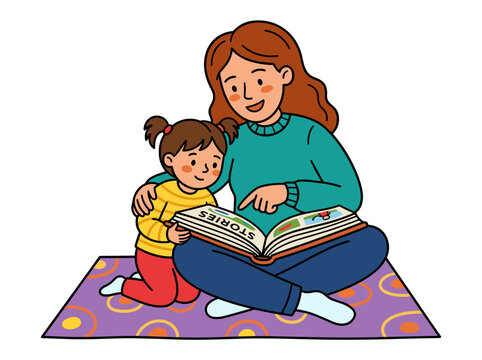 Mother reading a storybook together with her little daughter sitting on mat representing parenting early education family bonding and love concept vector illustration isolated on white background