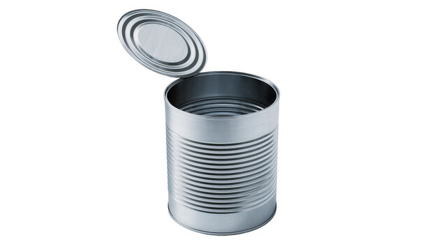 Open metal tin can with ridged exterior, isolated on transparent background