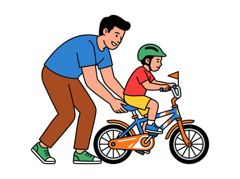 Father teaching his young son to ride a bicycle wearing helmet representing parenting support family bonding and outdoor activity concept vector illustration isolated on white background