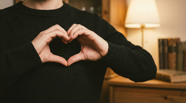 Person making heart shape with hands over chest, perfect for love compassion healthcare charity and expressing positive emotion