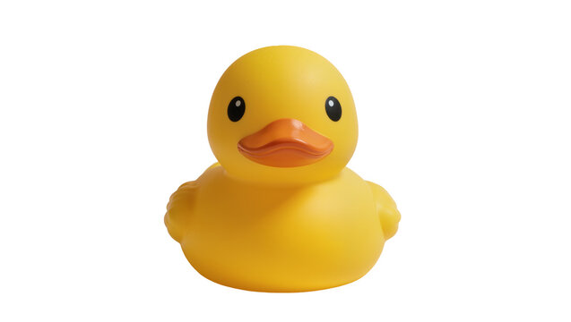 Classic yellow rubber duck toy with orange beak, isolated on transparent background