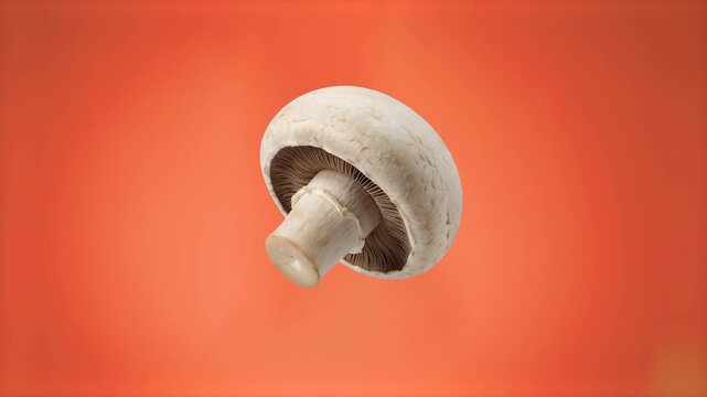 Detailed 3D model of a fresh white champignon button mushroom, isolated on a vibrant solid orange background. Ideal for culinary artwork, grocery store advertising, supermarket poster design, recipe b