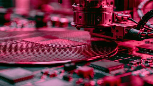 Precision machinery works on a silicon wafer under red lighting.