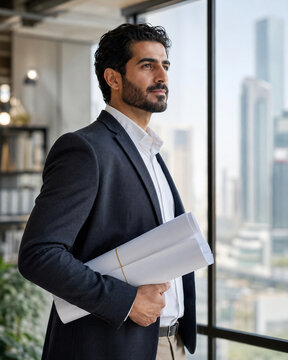 Middle Eastern architect holding rolled plans beside a large office window, sharply focused against a softly blurred modern city skyline.