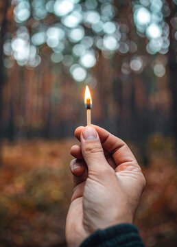 Una mano con una cerilla encendida en un bosque. Concepto de riesgo de incendio forestal, peligro de fuego, prevenci&oacute;n de incendios y amenaza para la naturaleza