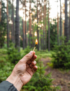 Una mano con una cerilla encendida en un bosque. Concepto de riesgo de incendio forestal, peligro de fuego, prevenci&oacute;n de incendios y amenaza para la naturaleza