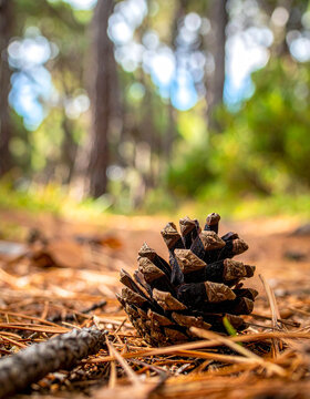 Pi&ntilde;a de pino sobre un suelo de hojas secas en un bosque mediterr&aacute;neo en el verano, concepto de combustible forestal, riesgo de incendio, sequ&iacute;a, prevenci&oacute;n y conservaci&oacute;n del medio ambiente