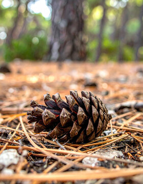 Pi&ntilde;a de pino sobre un suelo de hojas secas en un bosque mediterr&aacute;neo en el verano, concepto de combustible forestal, riesgo de incendio, sequ&iacute;a, prevenci&oacute;n y conservaci&oacute;n del medio ambiente