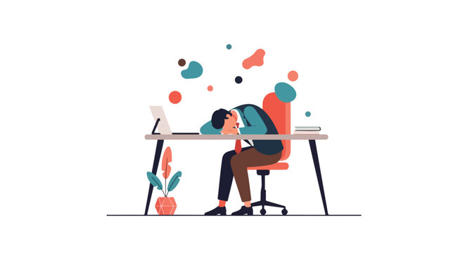 An exhausted businessman rests his head on his desk in an office, illustrating workplace burnout and fatigue in a modern flat vector style.