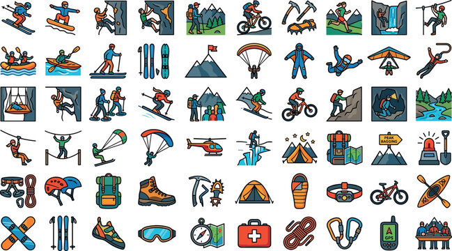 Extreme Sports and Mountain Adventure Icon Set with Snowboarding Climbing Kayaking Camping Gear and Outdoor Activities Vectors